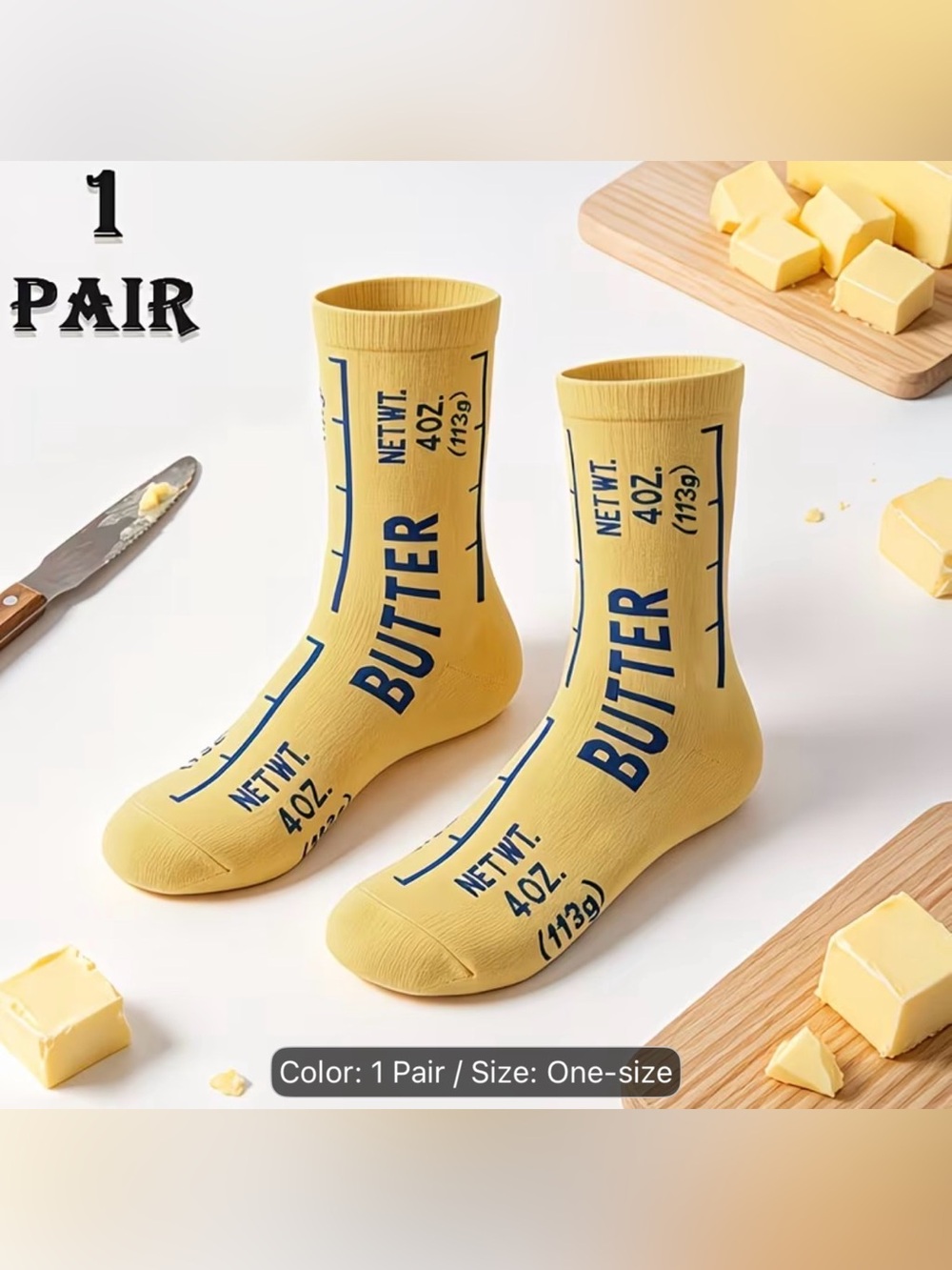 Novelty 'Butter' Yellow Crew Socks - One Size